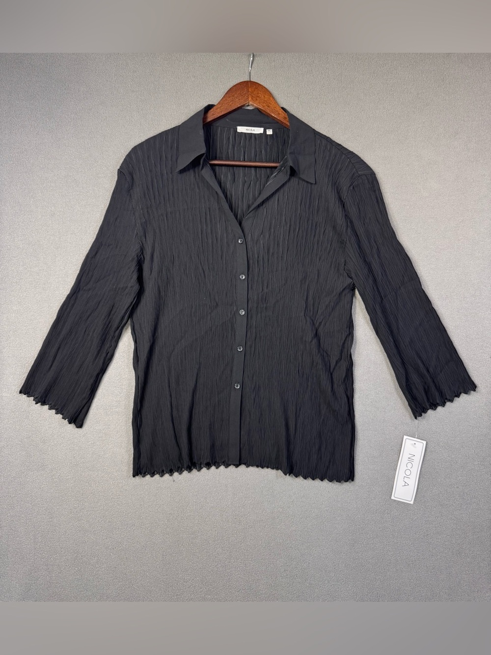 NICOLA Vintage Deadstock Y2K Black Textured Crinkle Button Down Shirt, XL